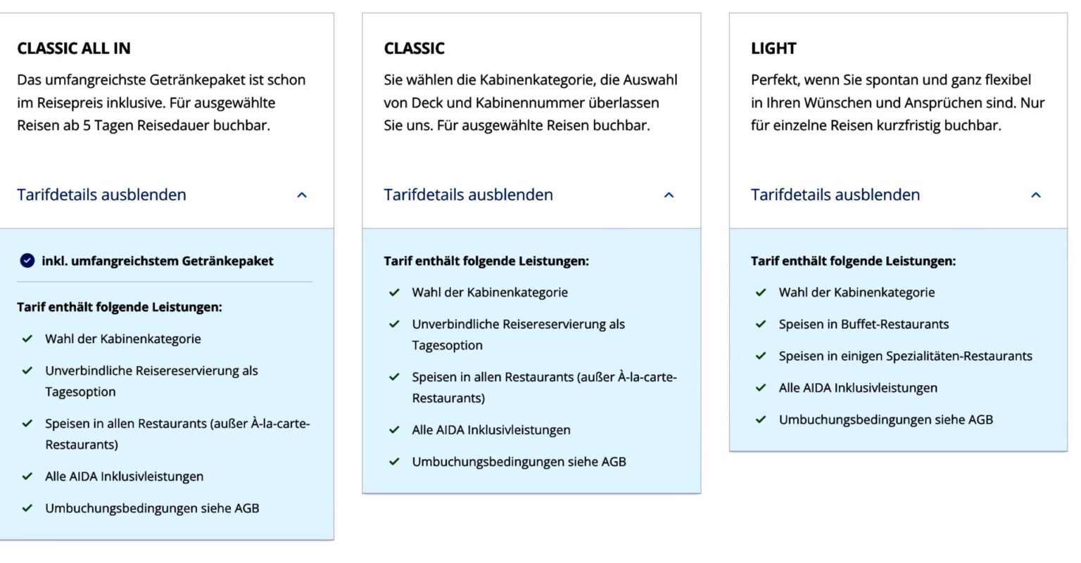 Aida Tarifübersicht Juli 2025