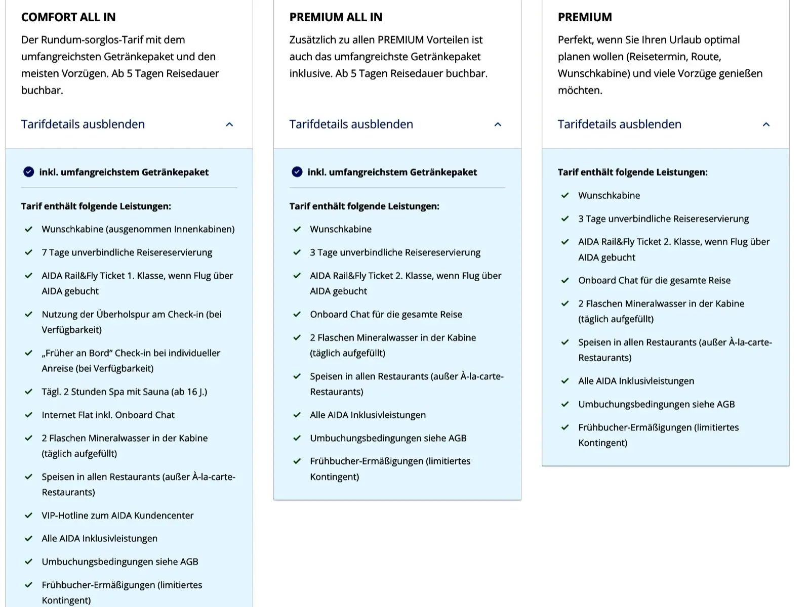 Aida Tarifübersicht Juli 2025