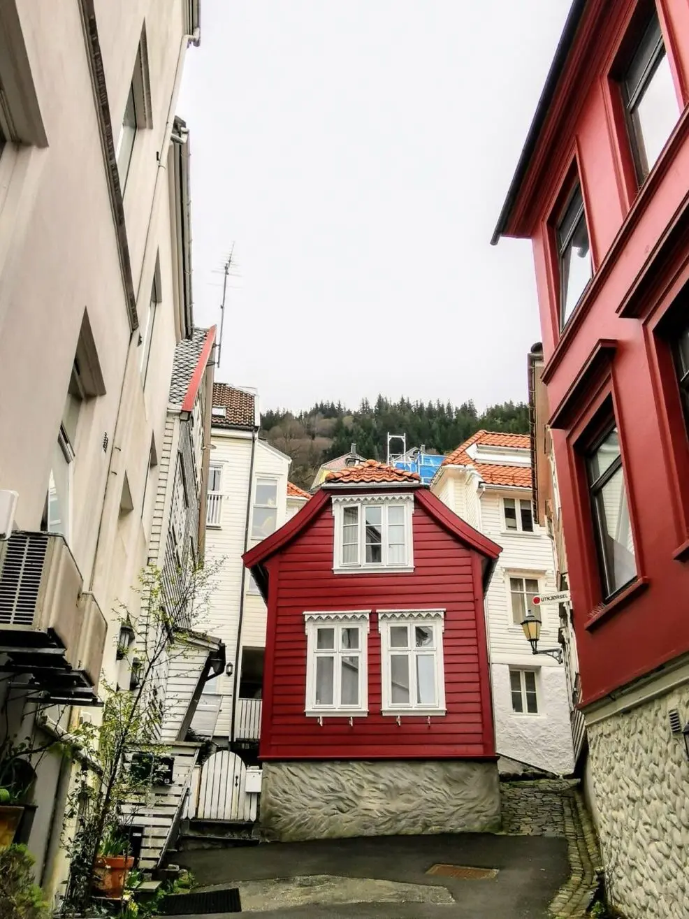 Gasse in Bergen mit rotem Holzhaus und Kopfsteinpflaster