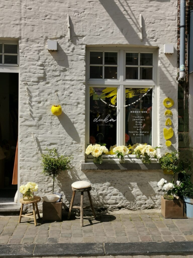 Fenster mit gelben Blumen in Brügge