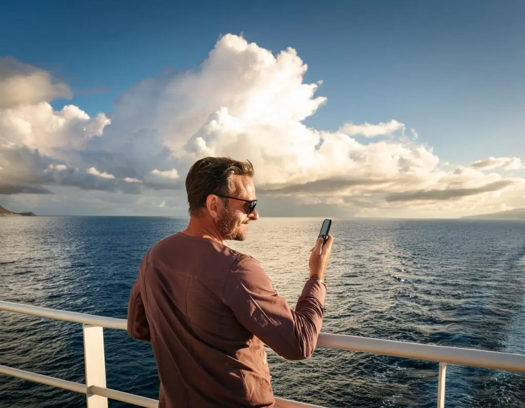 Mann mit Handy auf einem Kreuzfahrtschiff
