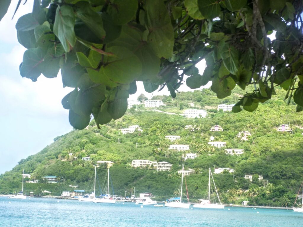 Blick auf das karibische Meer und Yachten in Road Town Tortola