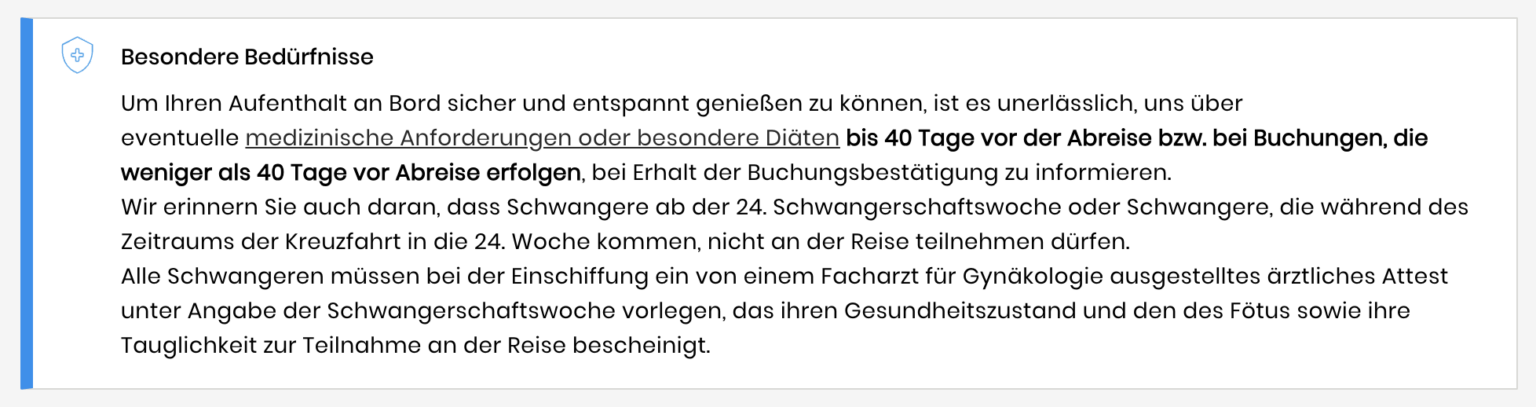 Costa Kreuzfahrten - Hinweis bei Buchung auf medizinische Anfordeurngen