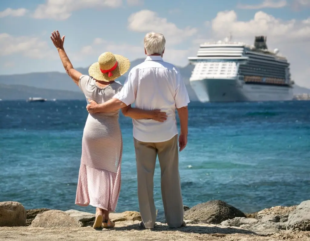Ehepaar winkt Kreuzfahrtschiff