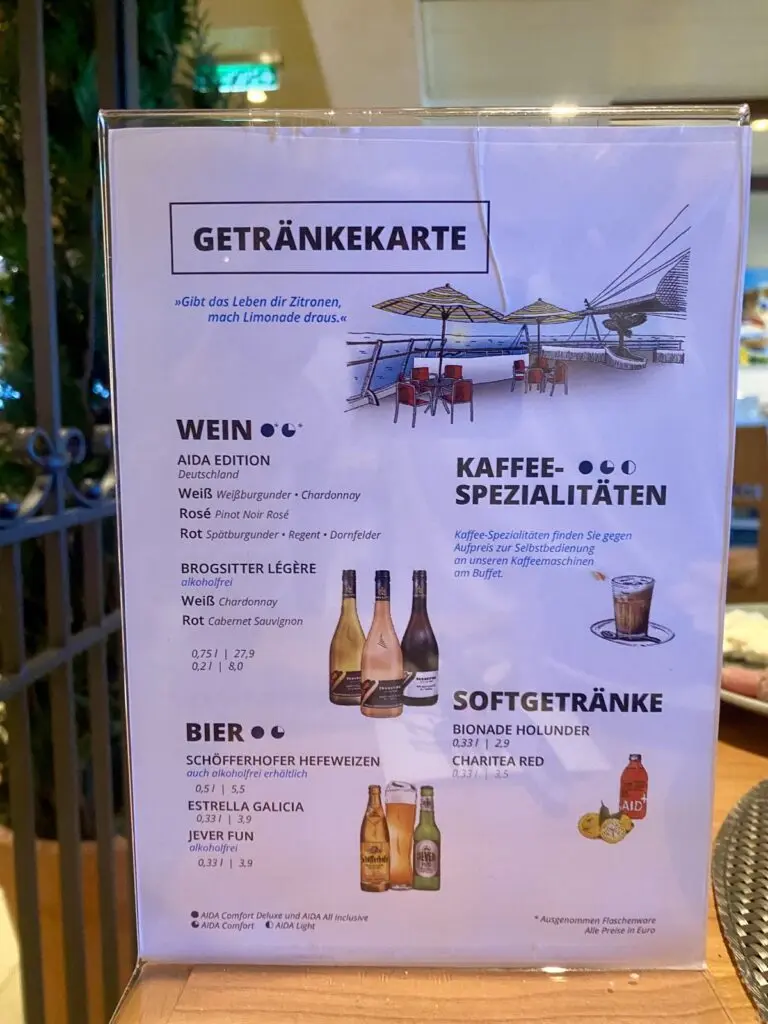Getränkekarte auf einem Kreuzfahrtschiff