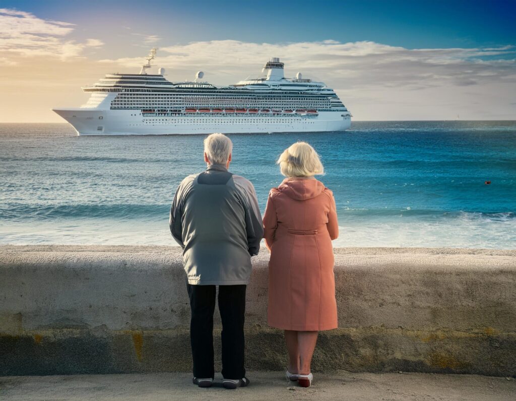 Ehepaar mit Blick auf Kreuzfahrtschiff