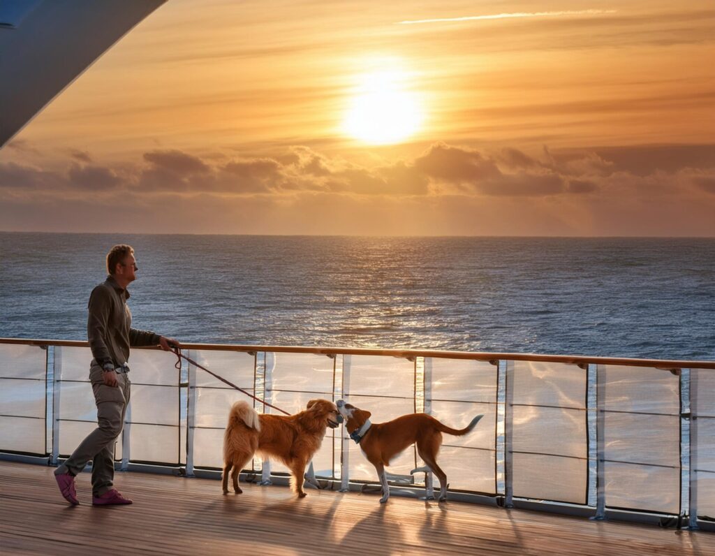 Mann mit Hunden auf Kreuzfahrtschiff