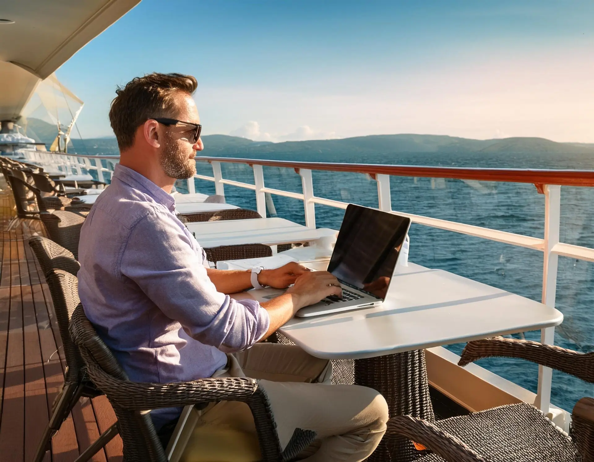 Mann sitzt am Computer auf Kreuzfahrtschiff