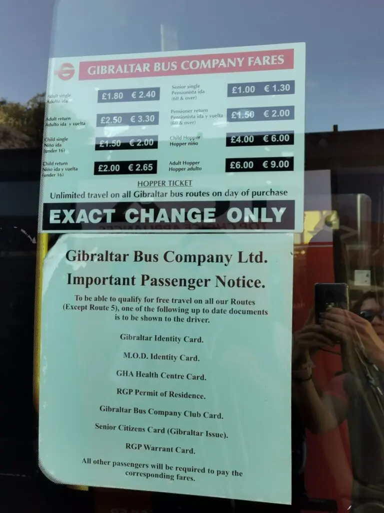 Preisliste für Busfahrten in Gibraltar