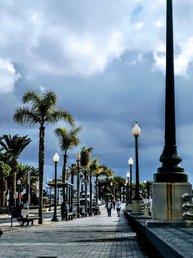 Promenade mit Palmen und grünen Straßen-Laternen in Arrecife