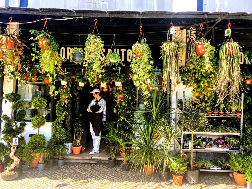 Blumenmarkt mit Frau in Lissabon
