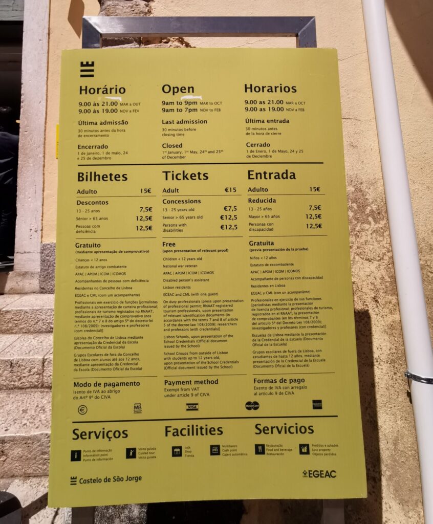 Preisliste Castelo de São Jorge in Lissabon