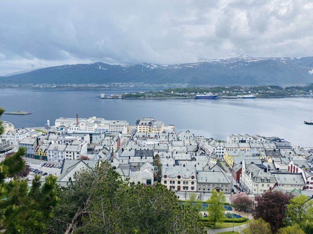 Blick auf die Stadt Alesund und den Fjord