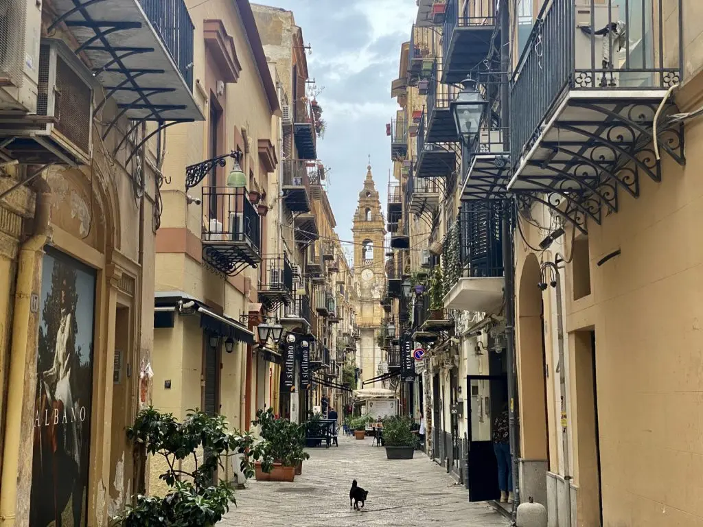 Historische Gasse mit Hund und Kirchenturm in Palermo