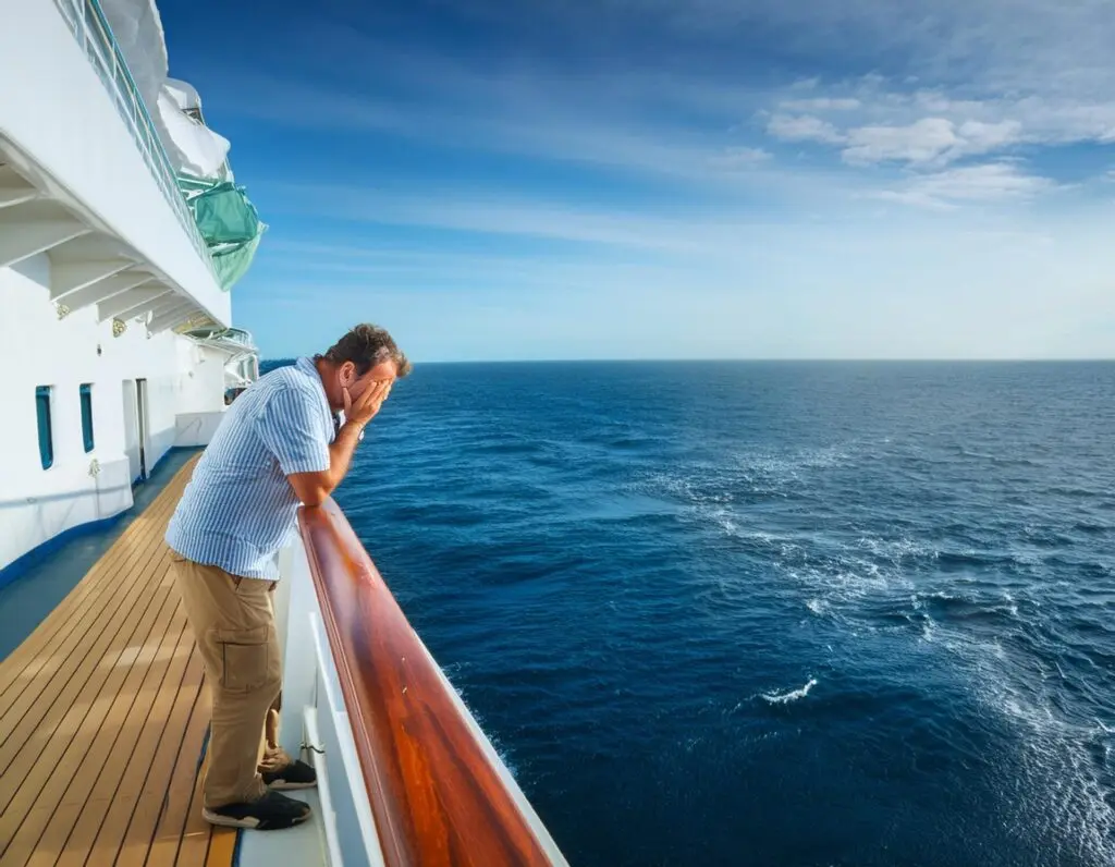 Mann steht auf Schiff Seekrank