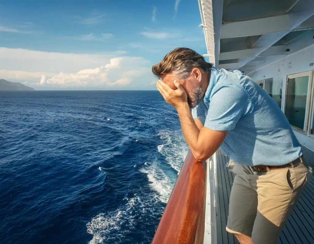 Mann steht auf Schiff Seekrank