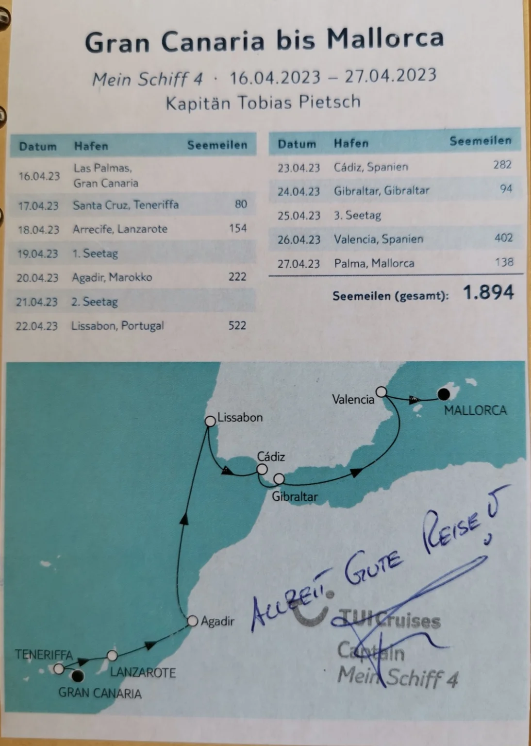 Karte der Häfen auf der Strecke Gran Canaria - Mallorca