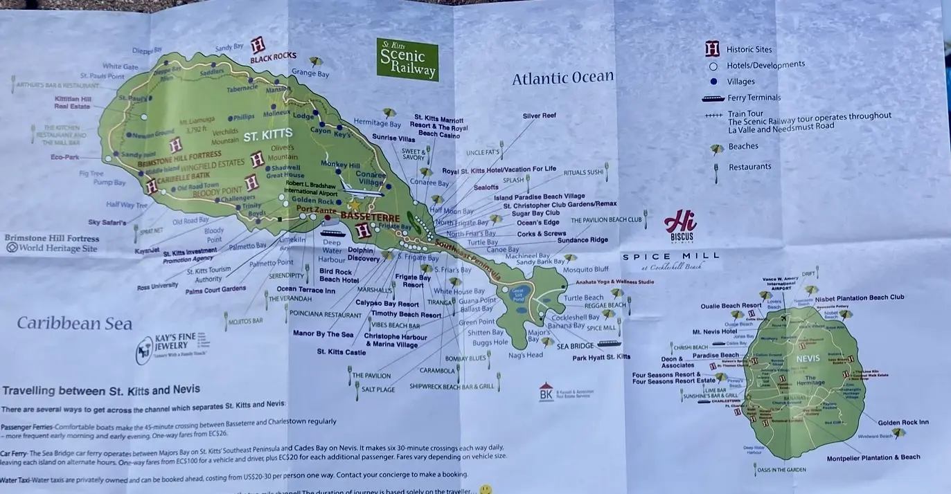 Landkarte St. Kitts mit Sehenswürdigkeiten