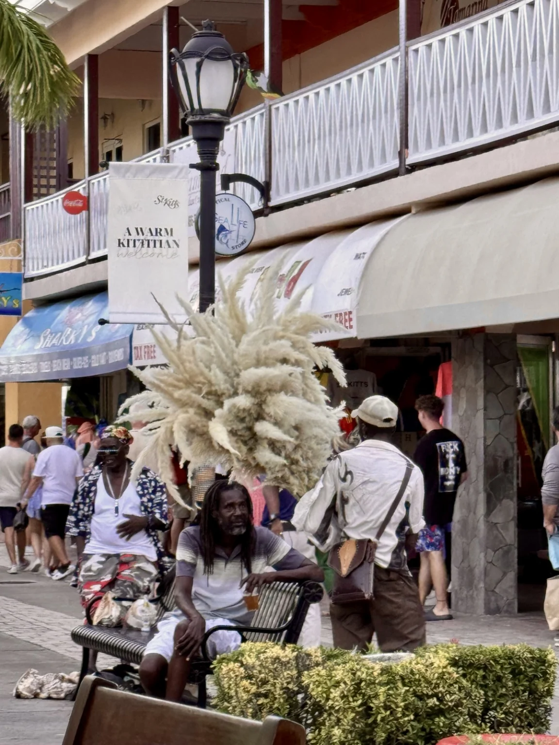 Karibische Straßenverkäufer mit Federn in St. Kitts